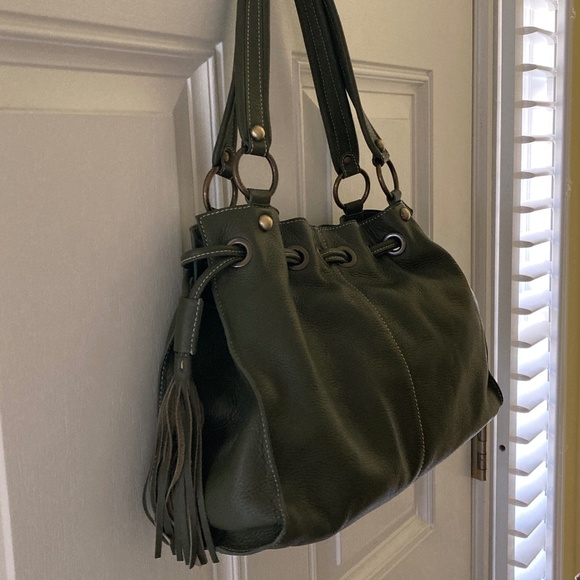 Nordstrom Olive Green Genuine Pebble Leather Double Handle Satchel/TasselsNWOT - Picture 3 of 8